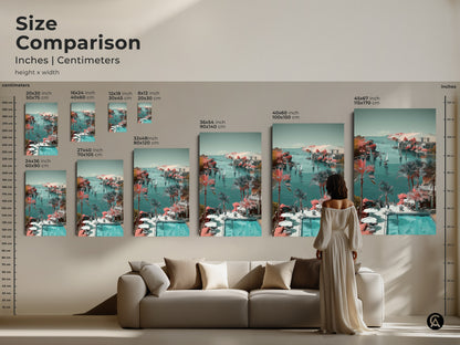 Size comparison of coastal landscape art. See various canvas and poster sizes in a living room setting. Nautical bedroom wall decor options are available. Visualize the perfect fit for your space.