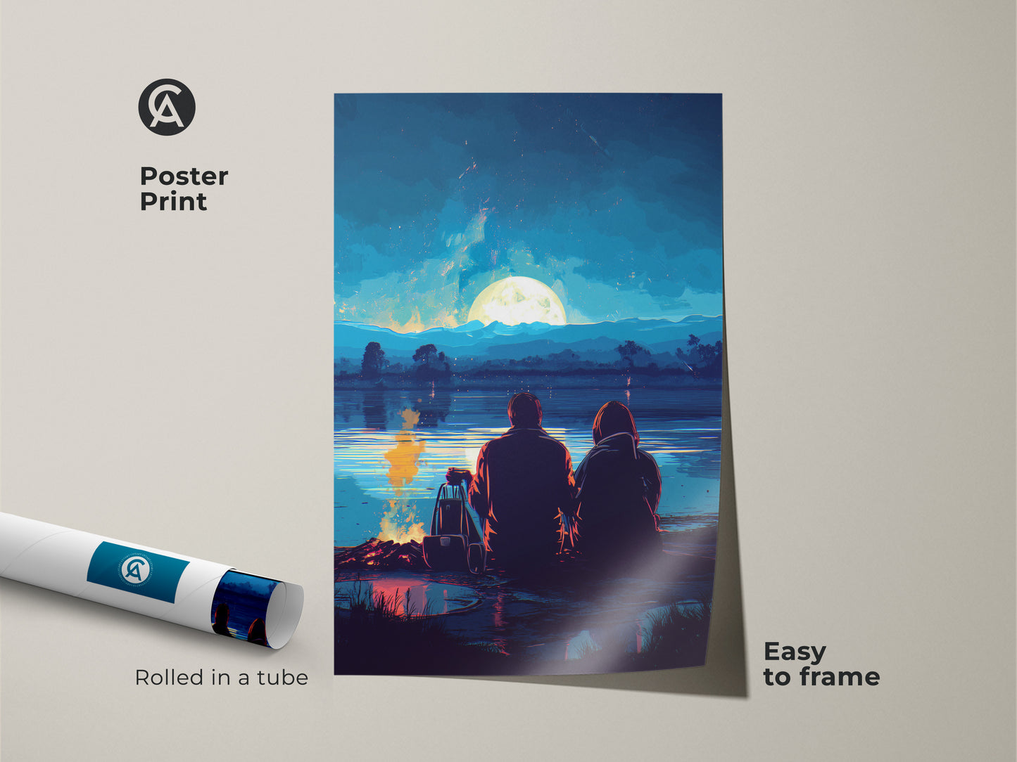 Poster print of a couple enjoying a campfire. They are under a full moon over a lake. The digital stylized night sky artwork arrives rolled in a tube. It is easy to frame. A unique landscape canvas.