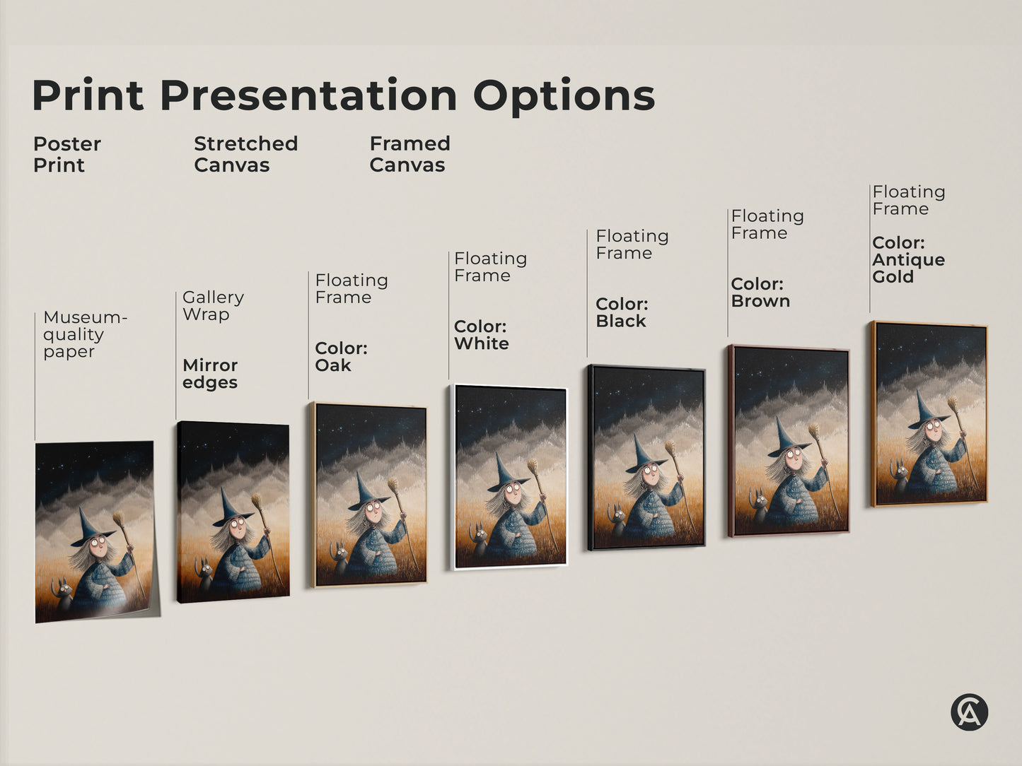 Explore print presentation options for cartoon witch and cat art. Choose from poster prints stretched canvas or framed canvas. Perfect Halloween themed decor and fantasy art for kids room. A unique children's gift.