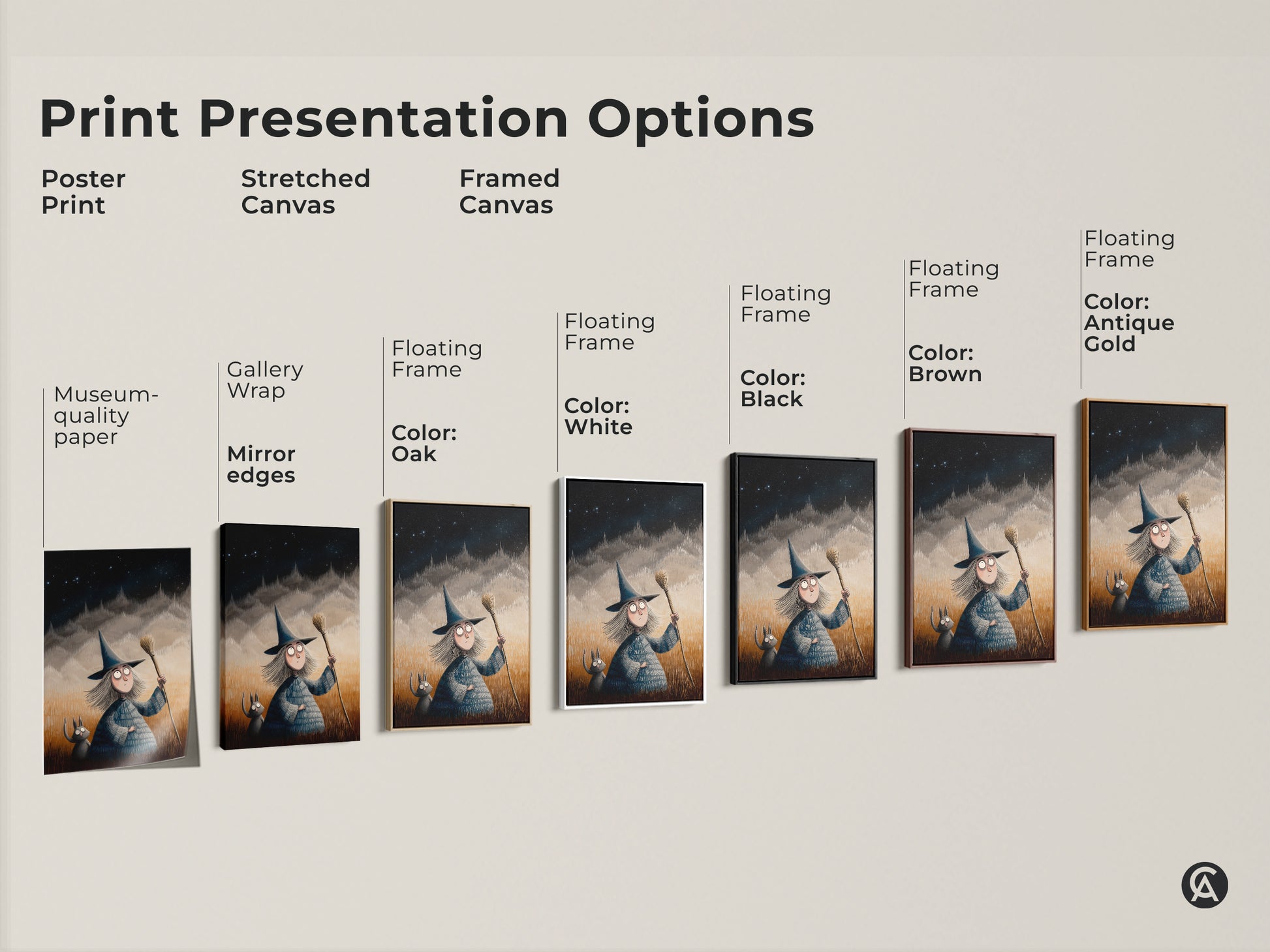 Explore print presentation options for cartoon witch and cat art. Choose from poster prints stretched canvas or framed canvas. Perfect Halloween themed decor and fantasy art for kids room. A unique children's gift.