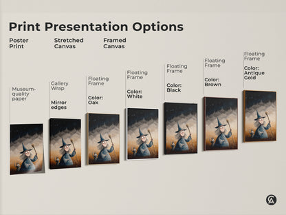 Explore print presentation options for cartoon witch and cat art. Choose from poster prints stretched canvas or framed canvas. Perfect Halloween themed decor and fantasy art for kids room. A unique children's gift.