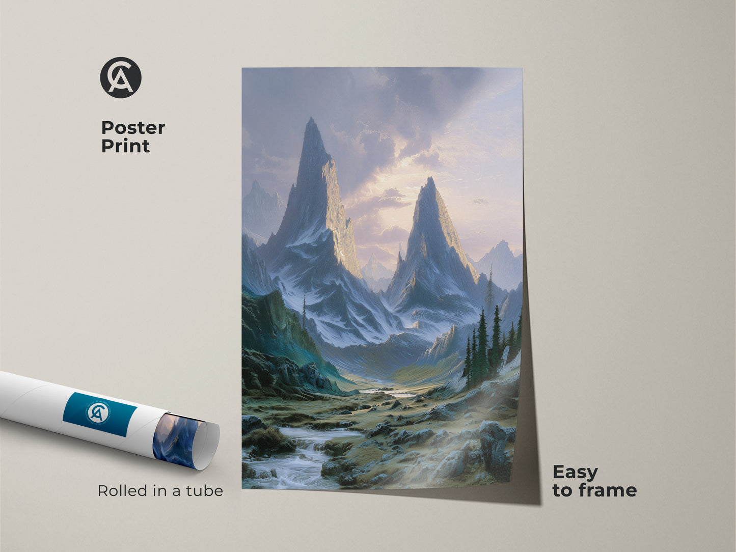 Poster print of a teal green mountain river valley wall art rolled in a tube. This scenic outdoor canvas is easy to frame. A perfect nature lover gift that adds adventure to any space.