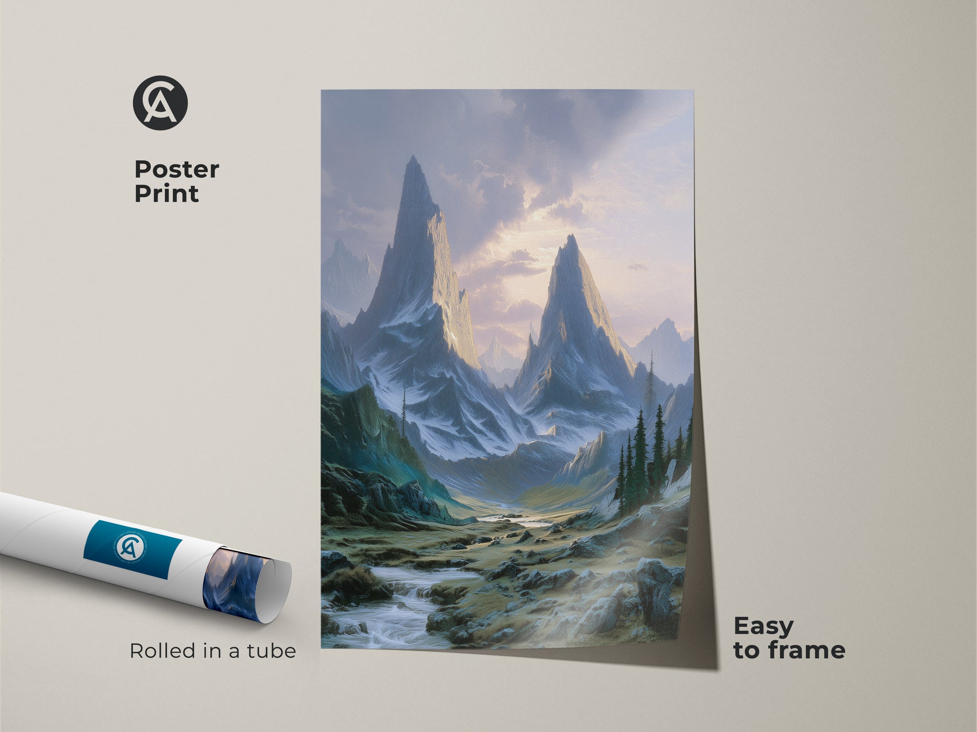 Poster print of a teal green mountain river valley wall art rolled in a tube. This scenic outdoor canvas is easy to frame. A perfect nature lover gift that adds adventure to any space.