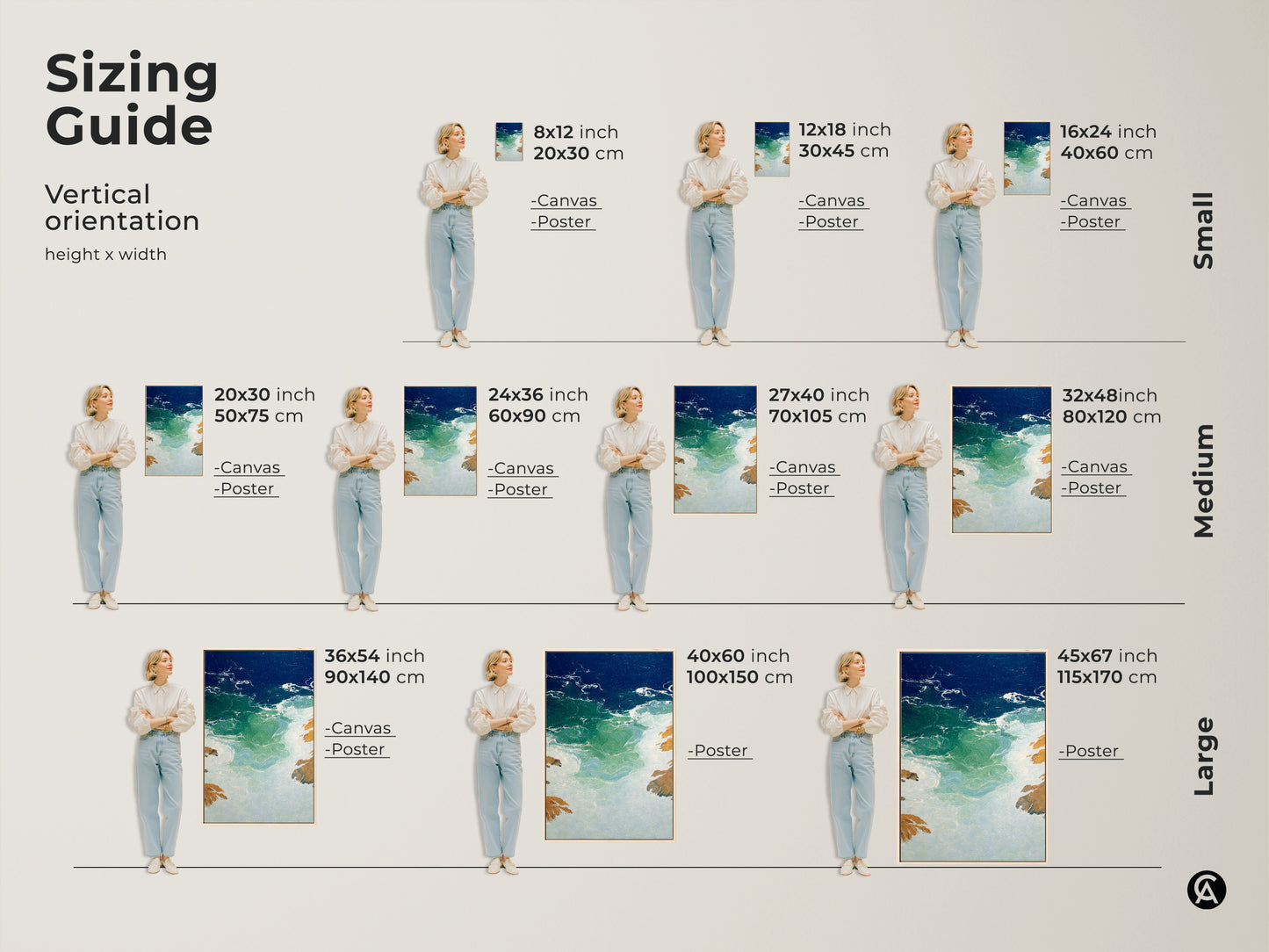 Sizing guide shows vertical abstract ocean waves artwork in various sizes. Find 8x12 inch to 45x67 inch canvas and poster options. See how coastal modern wall art fits different spaces. Envision deep blue emerald seascape art in small medium and large formats. Perfect for beach lover gift and enhancing coastal home decor art.