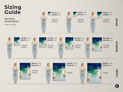 Sizing guide shows vertical abstract ocean waves artwork in various sizes. Find 8x12 inch to 45x67 inch canvas and poster options. See how coastal modern wall art fits different spaces. Envision deep blue emerald seascape art in small medium and large formats. Perfect for beach lover gift and enhancing coastal home decor art.