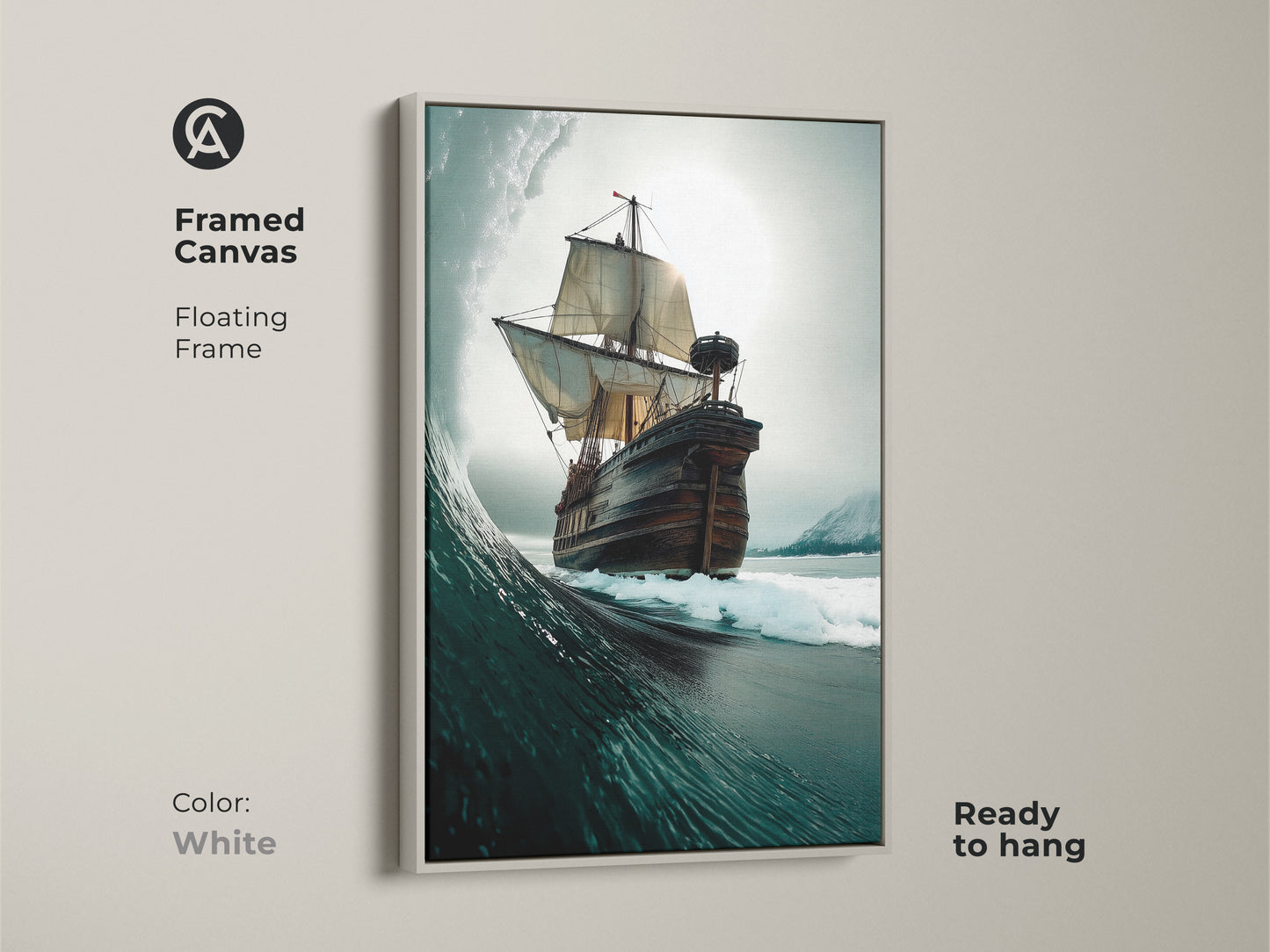 White Framed Canvas art featuring a Tall Ship sailing on a Ocean Wave. The nautical coastal decor offers a clean modern look. Deep blue grey teal art gives the artwork an adventurous feel. Ready to hang and enjoy in any space