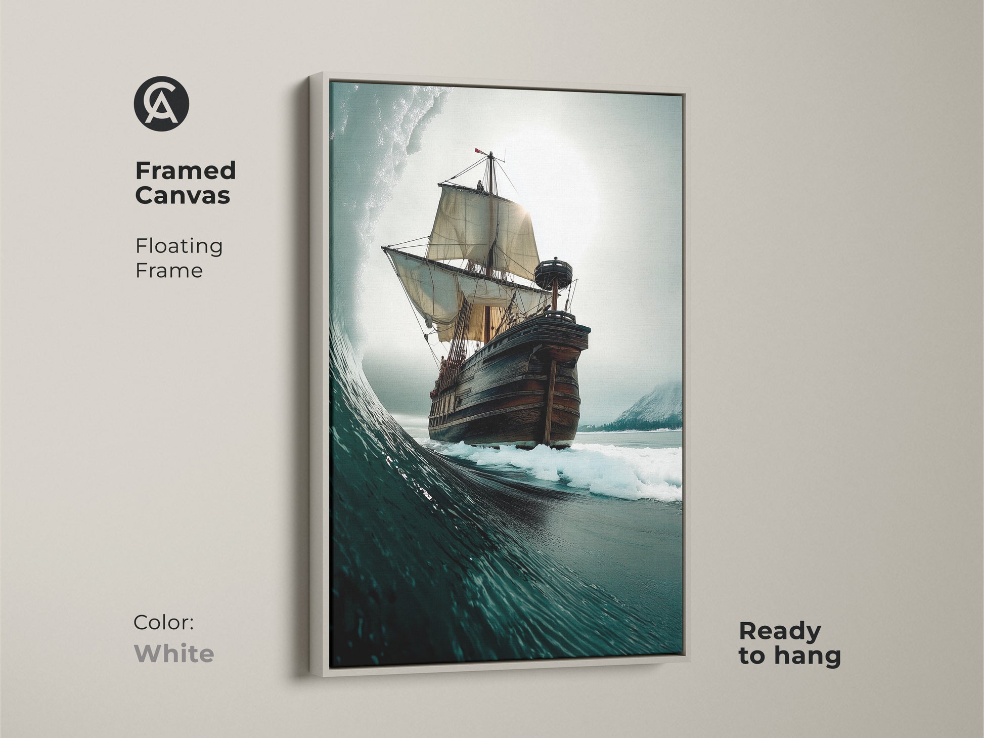 White Framed Canvas art featuring a Tall Ship sailing on a Ocean Wave. The nautical coastal decor offers a clean modern look. Deep blue grey teal art gives the artwork an adventurous feel. Ready to hang and enjoy in any space