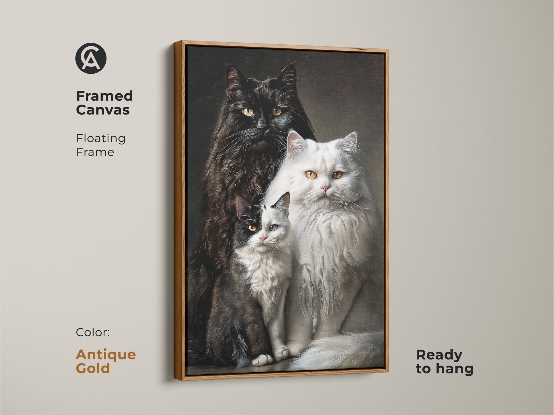 An antique gold framed canvas with a floating frame displays cat art. The ready to hang artwork features a fluffy black cat a fluffy white cat and a black and white kitten. This animal art is perfect for cat lovers.