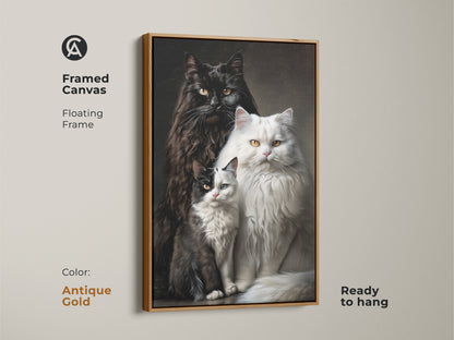 An antique gold framed canvas with a floating frame displays cat art. The ready to hang artwork features a fluffy black cat a fluffy white cat and a black and white kitten. This animal art is perfect for cat lovers.