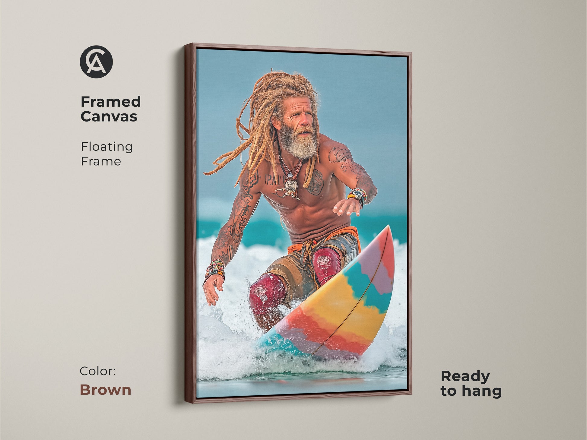 A Framed Canvas Floating Frame in Brown features Coastal Surfer Canvas Print. Ocean lifestyle photography captures action sports art. Golden blonde and sky blue colors create summer vibes. The ready to hang wall art is family room decor and a gift for beach lovers.