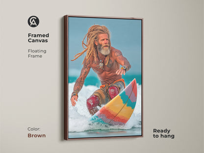 A Framed Canvas Floating Frame in Brown features Coastal Surfer Canvas Print. Ocean lifestyle photography captures action sports art. Golden blonde and sky blue colors create summer vibes. The ready to hang wall art is family room decor and a gift for beach lovers.