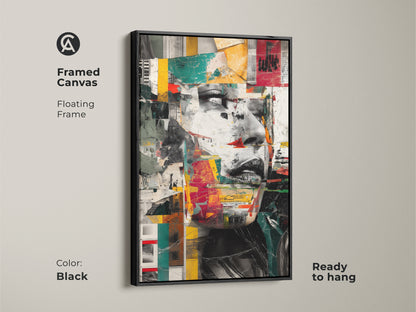 Framed canvas with a black floating frame showcasing an abstract woman face collage. Ready to hang. Modern mixed media print. Eclectic red teal yellow wall art adds a contemporary touch to any room. Unique portrait artwork ideal as a gift for art lovers. Geometric collage print with vibrant colors and textured details.