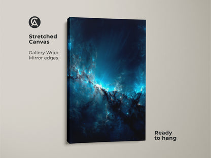 Stretched canvas print of a vibrant nebula. The gallery wrap and mirror edges provide a modern touch. This stunning space art is ready to hang. Enhance your home with this cosmic scene.