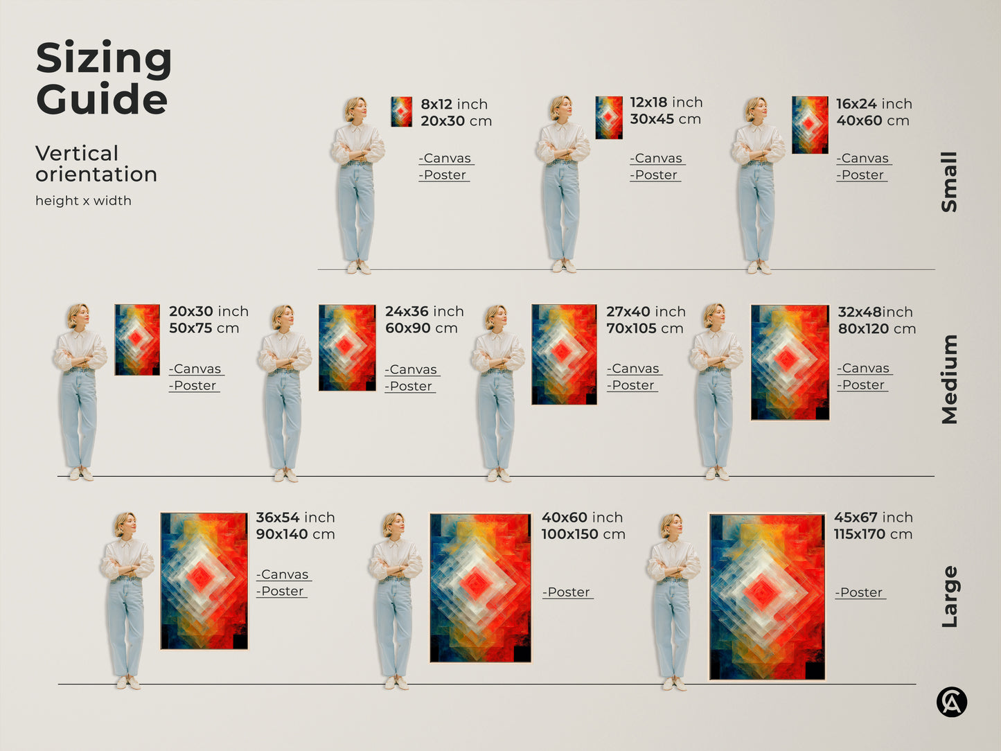 Sizing guide for vertical Geometric Abstract Wall Art. Canvases and posters come in sizes small medium and large. Layered diamond shapes artwork features a red blue and orange color palette. See the art in 8x12 to 45x67 inch sizes for your home office.