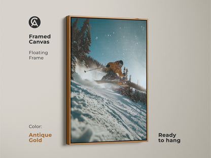 Add a touch of elegance with framed ski art. This canvas print features a skier skiing on a sunny day. The antique gold frame adds a classic touch. It is ready to hang and enjoy in your office. Get yours today