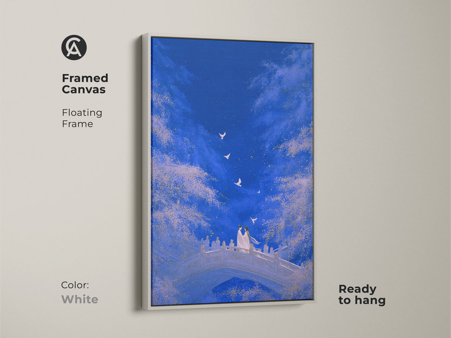 Framed canvas with a floating frame in white. Displaying a romantic couple on a bridge. Ready to hang. Dreamy celestial sky decor in deep blue and gold tones. Perfect anniversary gift for couples.