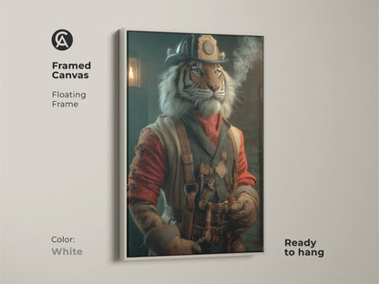 A framed canvas featuring a steampunk tiger artwork in a white floating frame. This character portrait canvas shows a tiger dressed as a firefighter. Ready to hang it is perfect for themed man cave art. This unique animal artwork enhances study or office wall decor. A cool tiger painting.