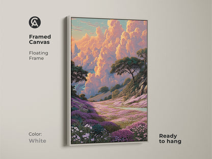 White framed canvas showcasing a serene nature landscape print. This bohemian style art canvas adds a touch of elegance to your home. Ready to hang this artwork brings a calming atmosphere. It is perfect for bedrooms and living rooms.