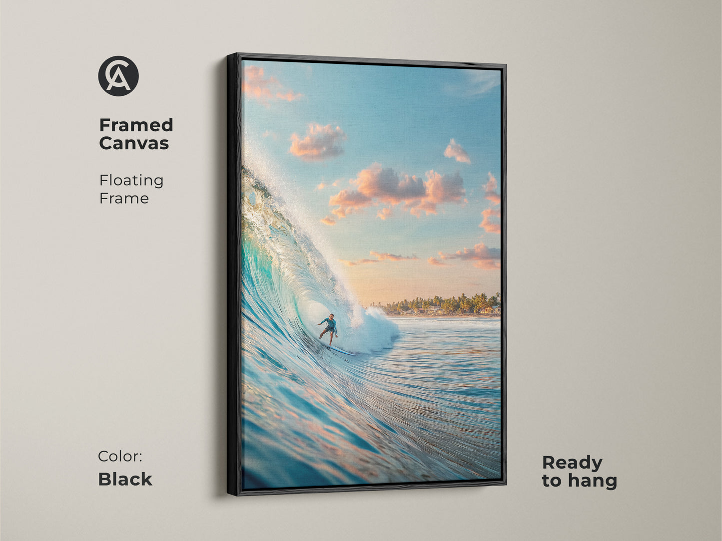 This black framed canvas artwork captures a surfer riding a wave. The floating frame adds a touch of sophistication. Ready to hang this piece is perfect for surf art enthusiasts. Elevate your space with this ocean themed art.