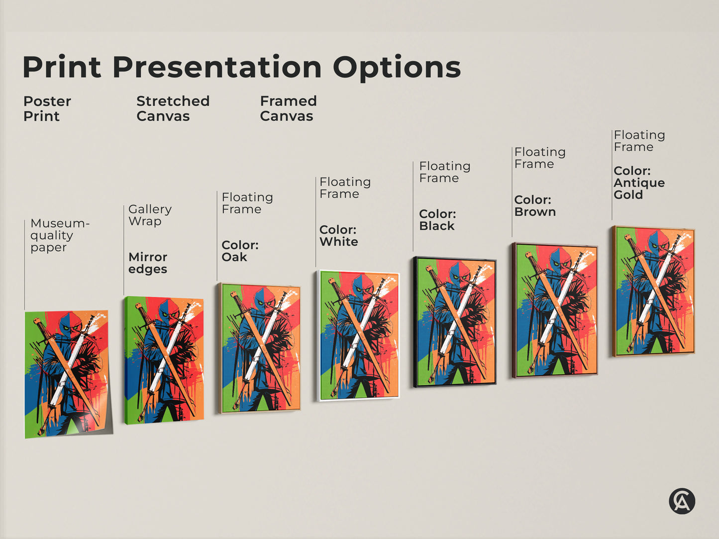 A variety of Print Presentation Options showcasing a ninja owl canvas including poster prints stretched canvas and framed canvas prints. Each piece has museum-quality edges.