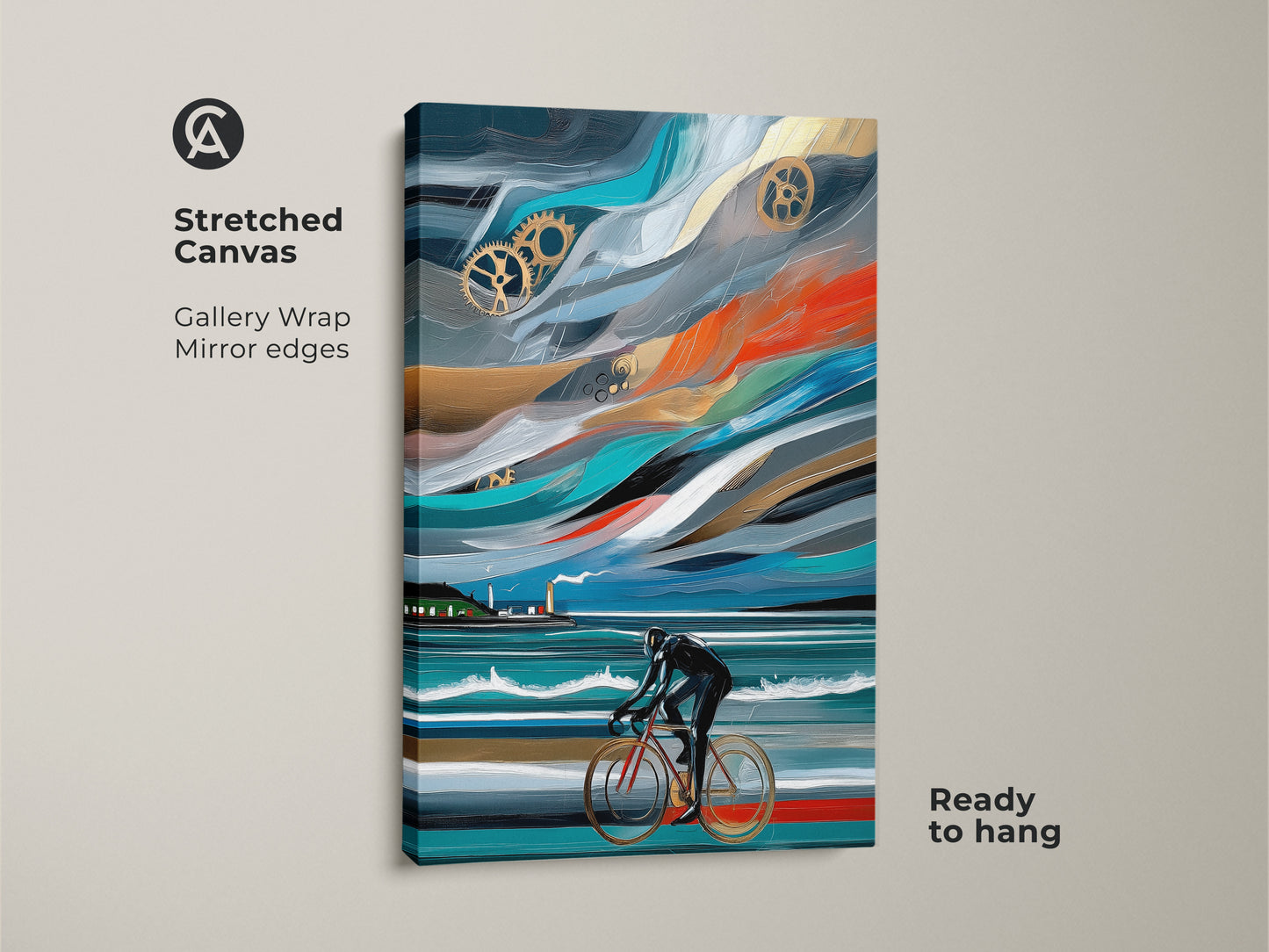 Stretched canvas gallery wrap of abstract cyclist artwork. This modern canvas print features industrial gears and a cyclist in motion. It showcases a vibrant blue orange teal palette. The canvas is ready to hang and adds an energetic focal point to any space. 
