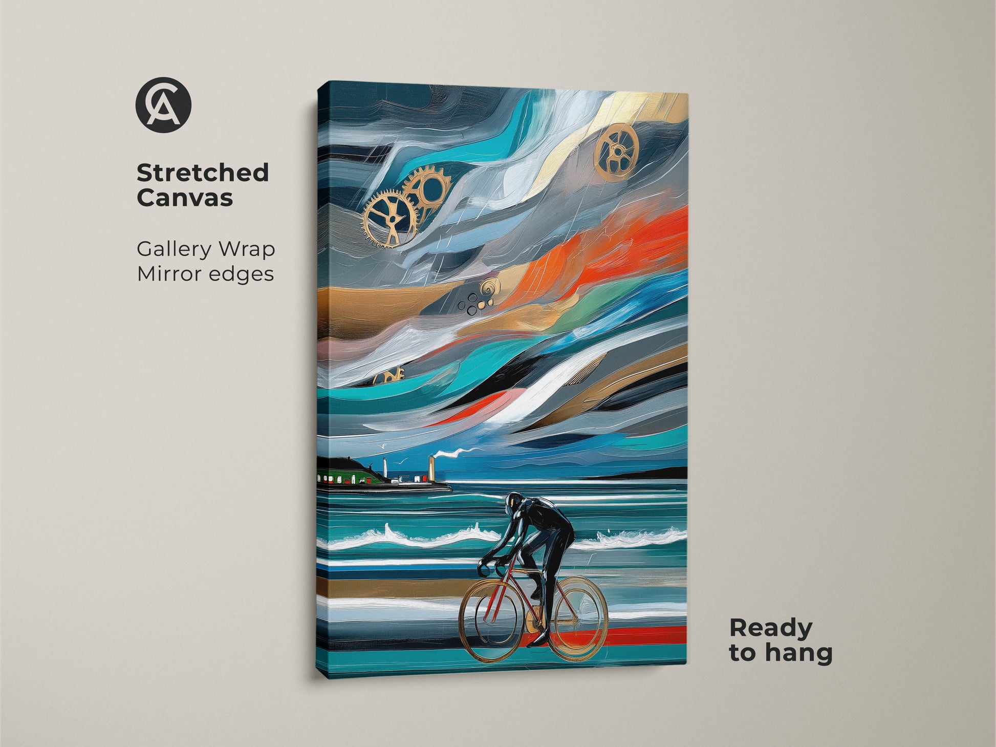 Stretched canvas gallery wrap of abstract cyclist artwork. This modern canvas print features industrial gears and a cyclist in motion. It showcases a vibrant blue orange teal palette. The canvas is ready to hang and adds an energetic focal point to any space. 