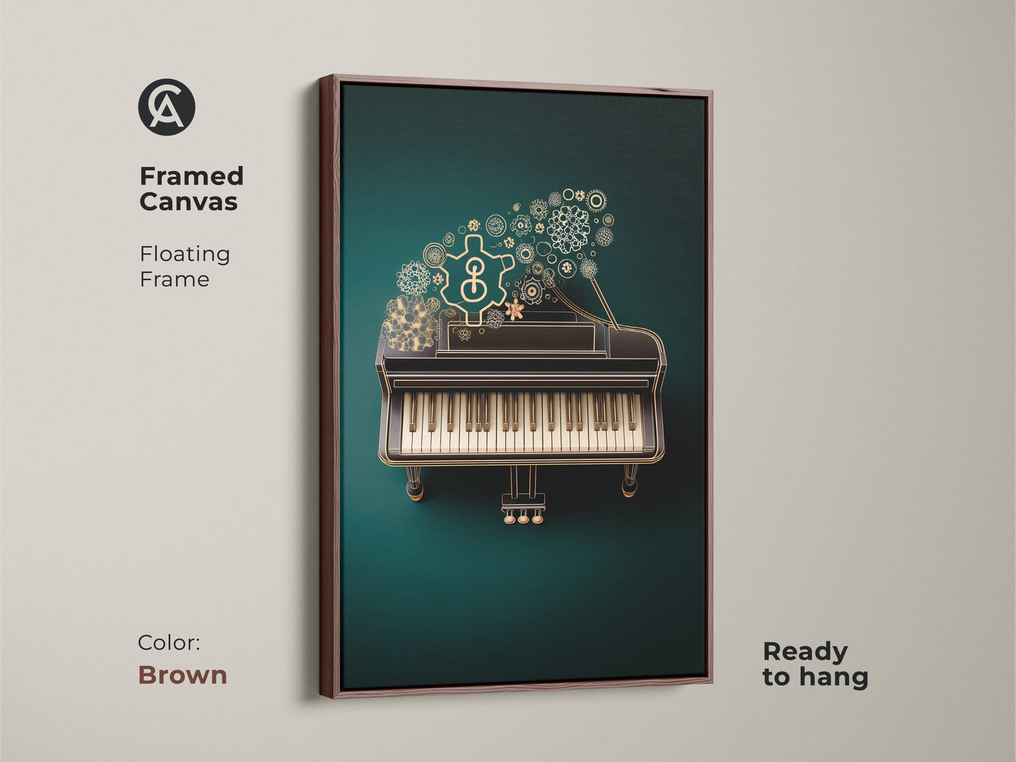 The framed canvas displays the Steampunk Grand Piano artwork with a brown floating frame. This mechanical art showcases emerald and gold gears and musical notes. Ready to hang its a great art piece. This print makes a perfect study decor and gift for pianists.