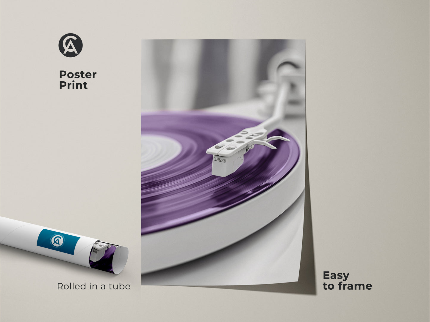 Poster print of an abstract purple vinyl record. A minimalist mid-century modern art piece perfect for retro music room decor. This turntable artwork is easy to frame. Rolled in a tube for protection. Ideal for music lovers and record collectors.