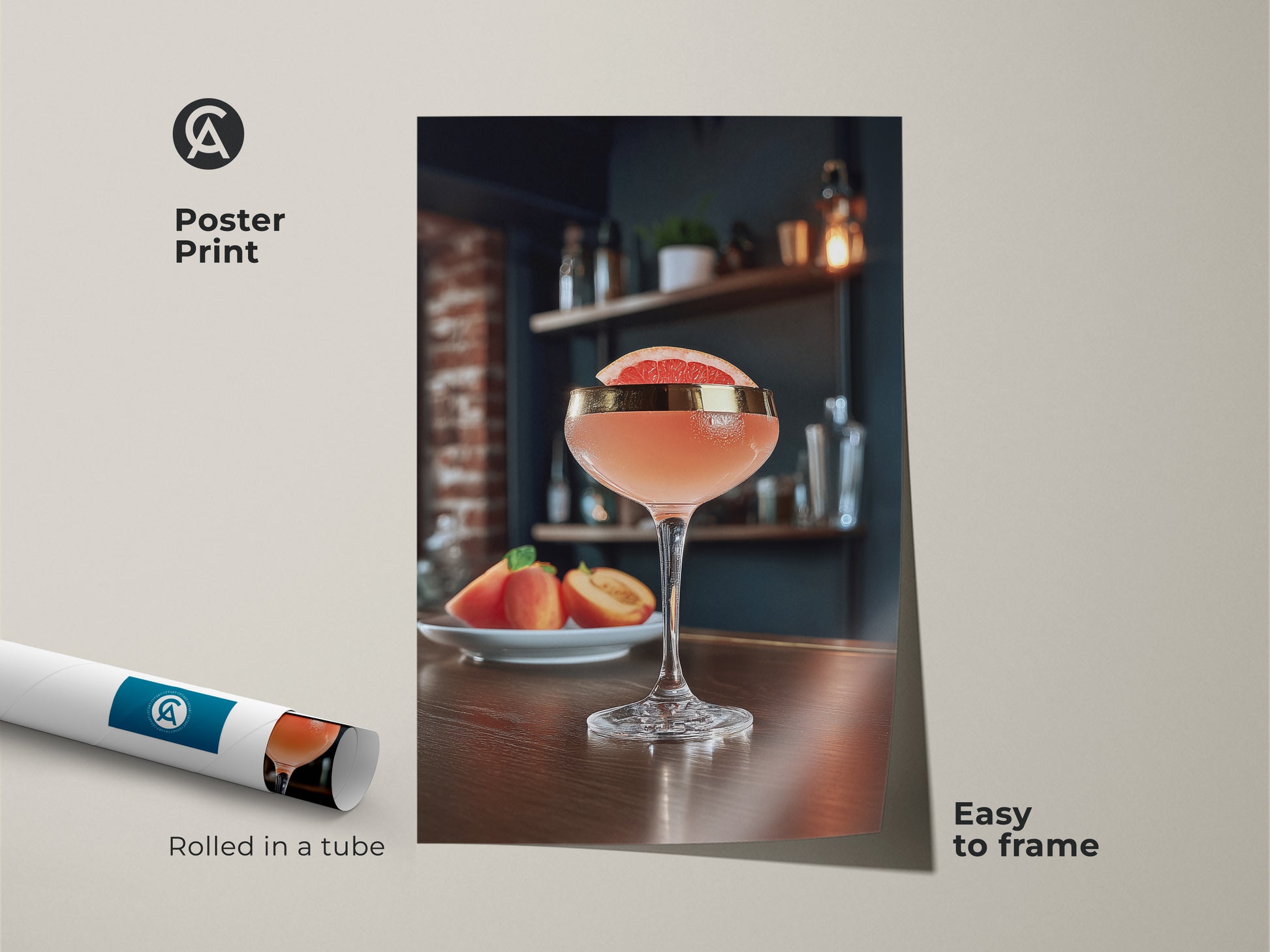 Poster print of a Grapefruit & Peach Cocktail art. Easy to frame this pink drink poster art brings a Scandinavian vibe to your walls. This modern bar artwork is ideal for a home bar or cafe. The refreshing beverage art is a great gift for cocktail lovers.