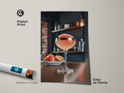 Poster print of a Grapefruit & Peach Cocktail art. Easy to frame this pink drink poster art brings a Scandinavian vibe to your walls. This modern bar artwork is ideal for a home bar or cafe. The refreshing beverage art is a great gift for cocktail lovers.