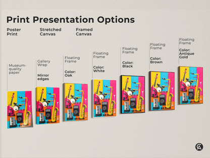 Print presentation options for musical instrument art. Choose from poster prints stretched canvas and framed canvas. Various frame colors available to suit your decor style.