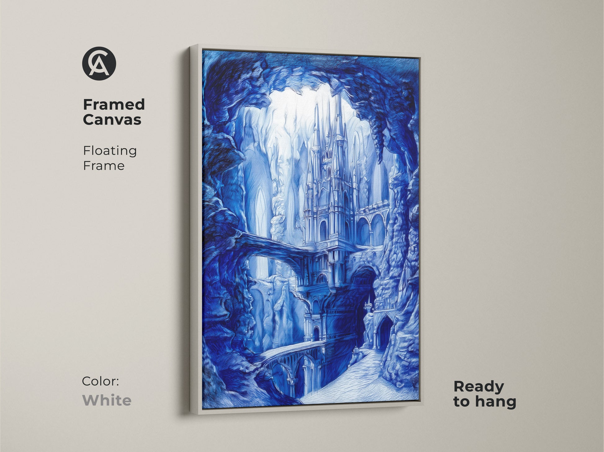 Framed canvas showcasing blue monochrome castle artwork. The art is presented in a white floating frame. It's ready to hang adding a clean and contemporary touch to your wall art.