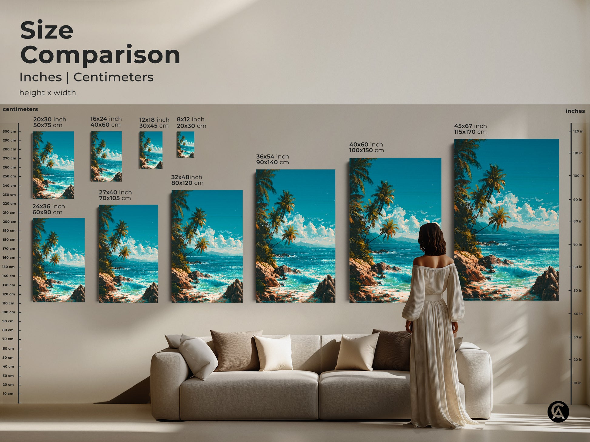 Size comparison of tropical beach artwork in inches and centimeters. See how canvas and poster art scales next to furniture. Visualize the perfect size for your home decor with palm trees and ocean views.