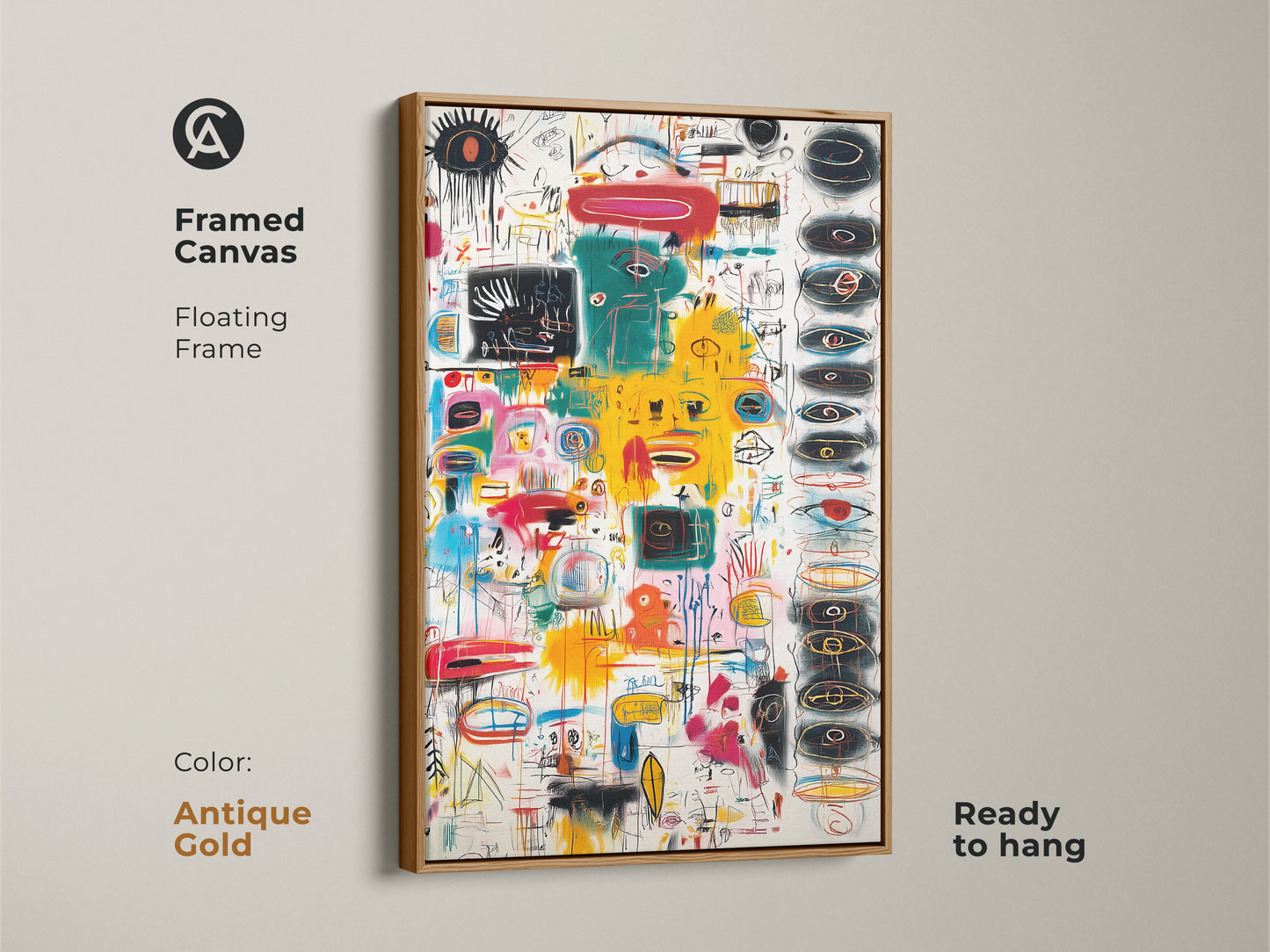 Add a touch of elegance with this framed canvas artwork. The frame is in an antique gold finish. The abstract art features bold colors. This framed canvas comes ready to hang enhancing any room.