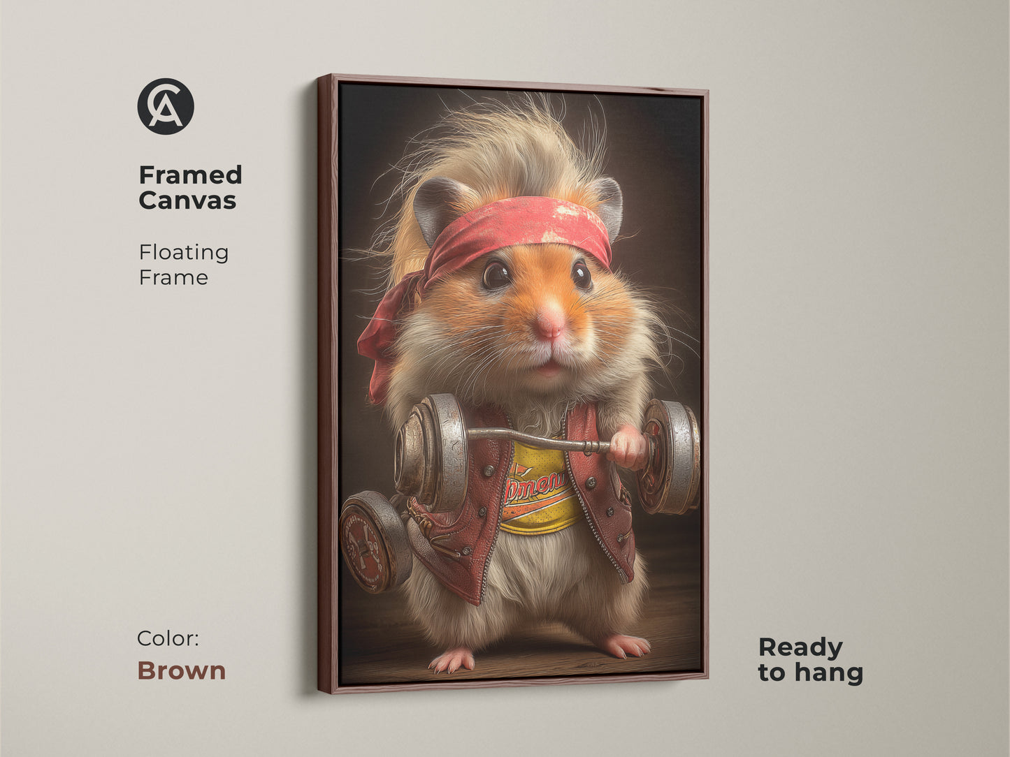 A framed canvas art featuring a hamster lifting weights. This unique gym poster has a floating frame in a brown color and is ready to hang. This weightlifting hamster picture will be a great addition to your space. Perfect as home gym wall art or quirky workout decor.