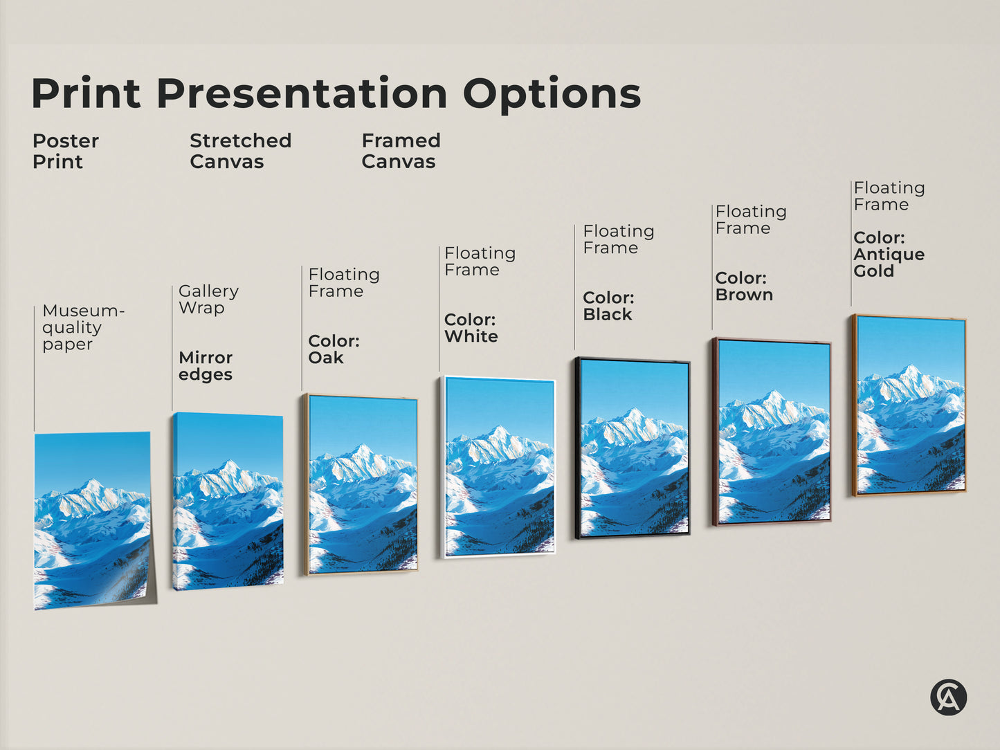 Print presentation options are displayed including poster prints stretched canvas and framed canvas. Each showcases the snowy mountain landscape art. Frame colors include oak white black brown and antique gold. These modern nature artworks are perfect for bringing alpine scenery to any room.