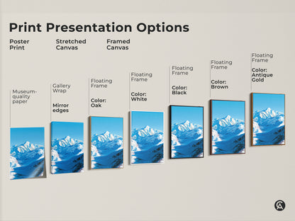 Print presentation options are displayed including poster prints stretched canvas and framed canvas. Each showcases the snowy mountain landscape art. Frame colors include oak white black brown and antique gold. These modern nature artworks are perfect for bringing alpine scenery to any room.