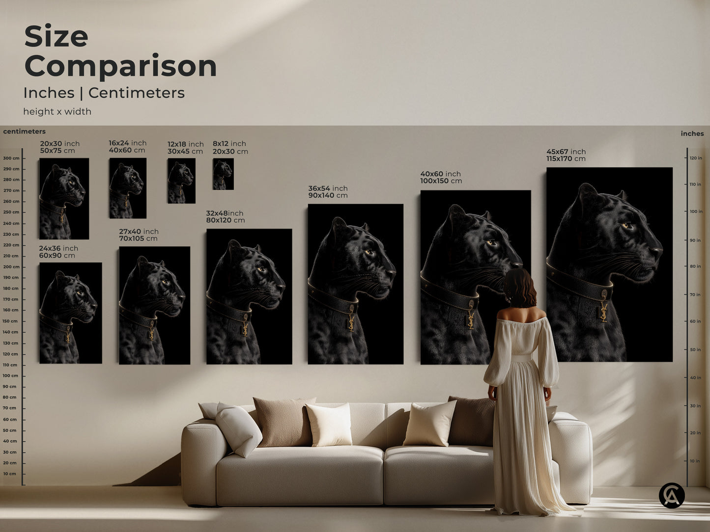 Size comparison of black panther artwork. Different sizes displayed above a sofa. Visualize the impact of each size. Canvas and poster prints available. Add modern sophistication to your living room.