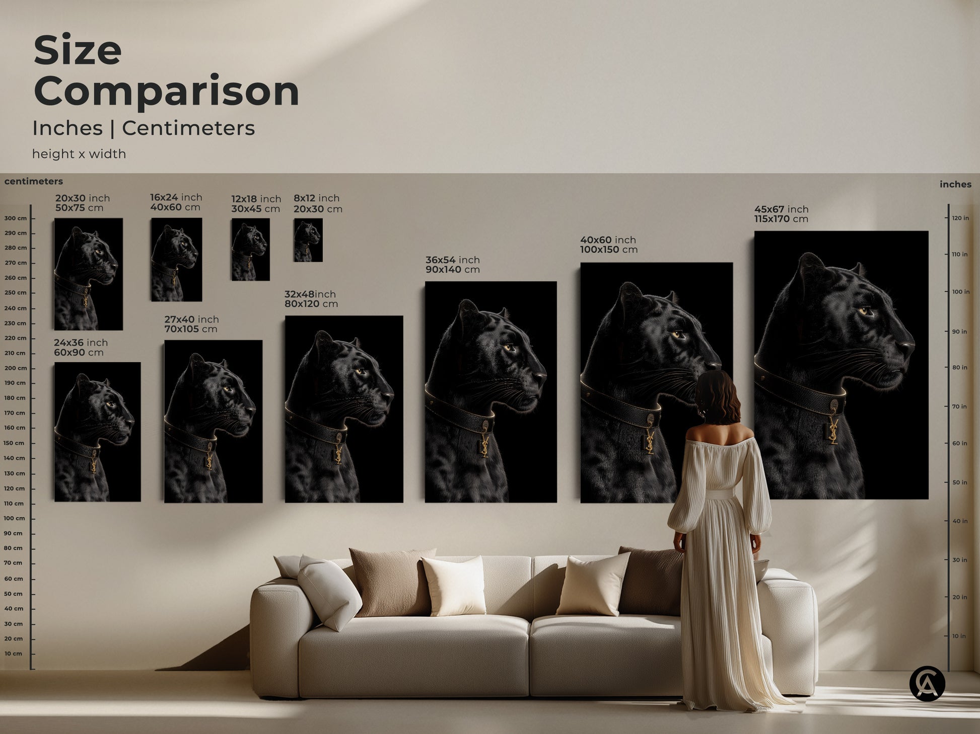 Size comparison of black panther artwork. Different sizes displayed above a sofa. Visualize the impact of each size. Canvas and poster prints available. Add modern sophistication to your living room.