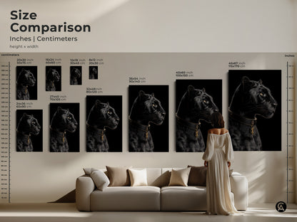 Size comparison of black panther artwork. Different sizes displayed above a sofa. Visualize the impact of each size. Canvas and poster prints available. Add modern sophistication to your living room.