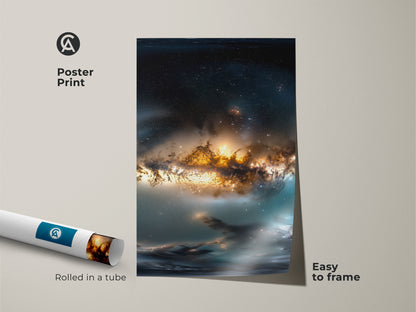 Poster print showcases a mesmerizing space nebula. This easy-to-frame art piece comes rolled in a tube. The poster captures the intricate details of the cosmic artwork. Ideal for adding a touch of celestial wonder to your walls.
