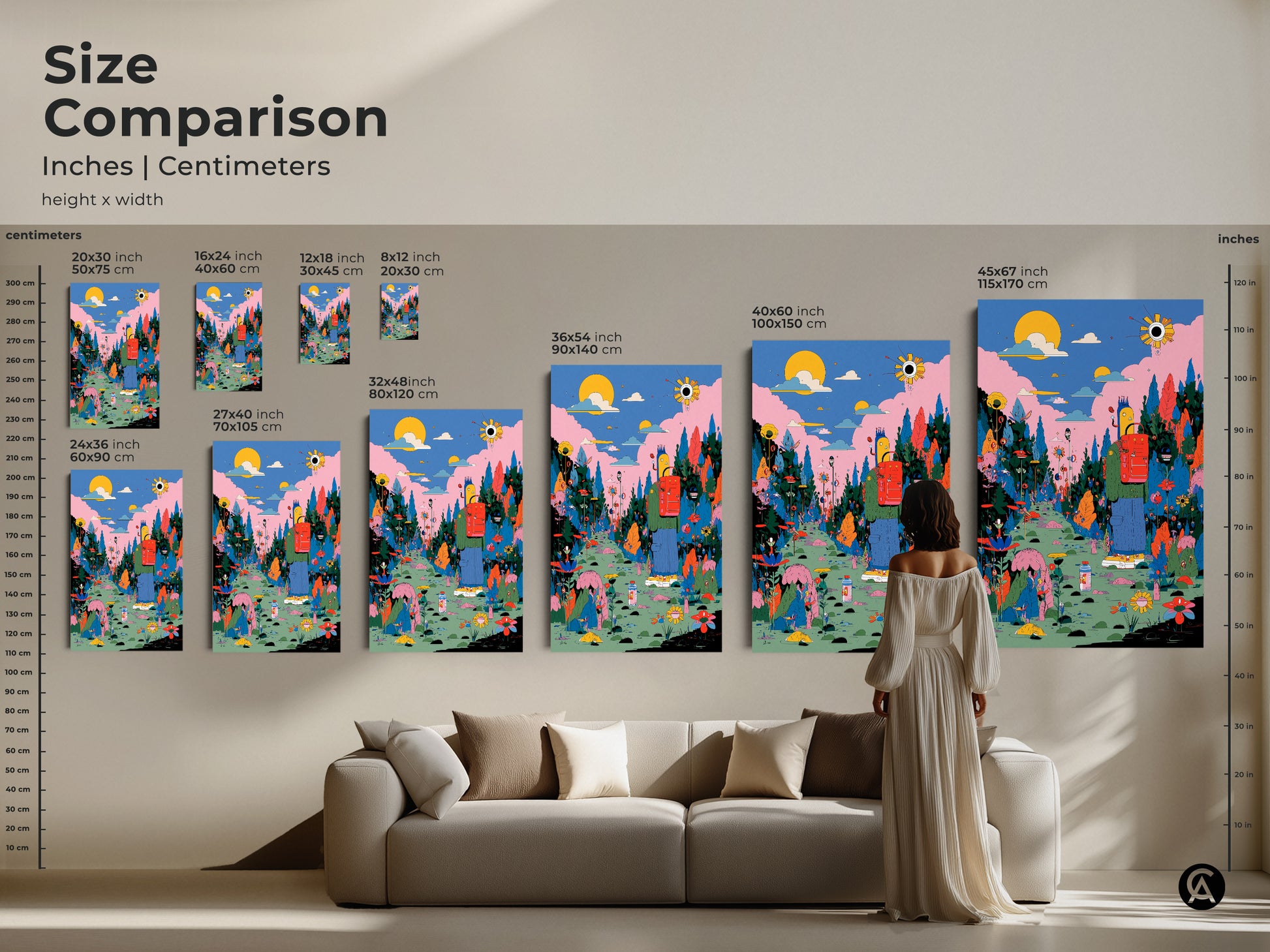 Size comparison of colorful artwork in inches and centimeters. See how the art scales from 20x30 cm to 45x67 inches. The artwork features a figure walking a vibrant path. This artwork makes a statement in any room. Find the perfect size to enhance your space.