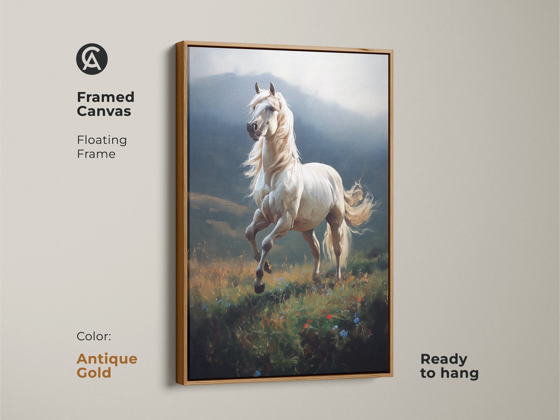 Framed canvas art displaying a white horse in motion through a meadow. The antique gold floating frame accentuates the nature animal wall decor. This equestrian landscape print is ready to hang. An ideal gift for horse lovers and art collectors.