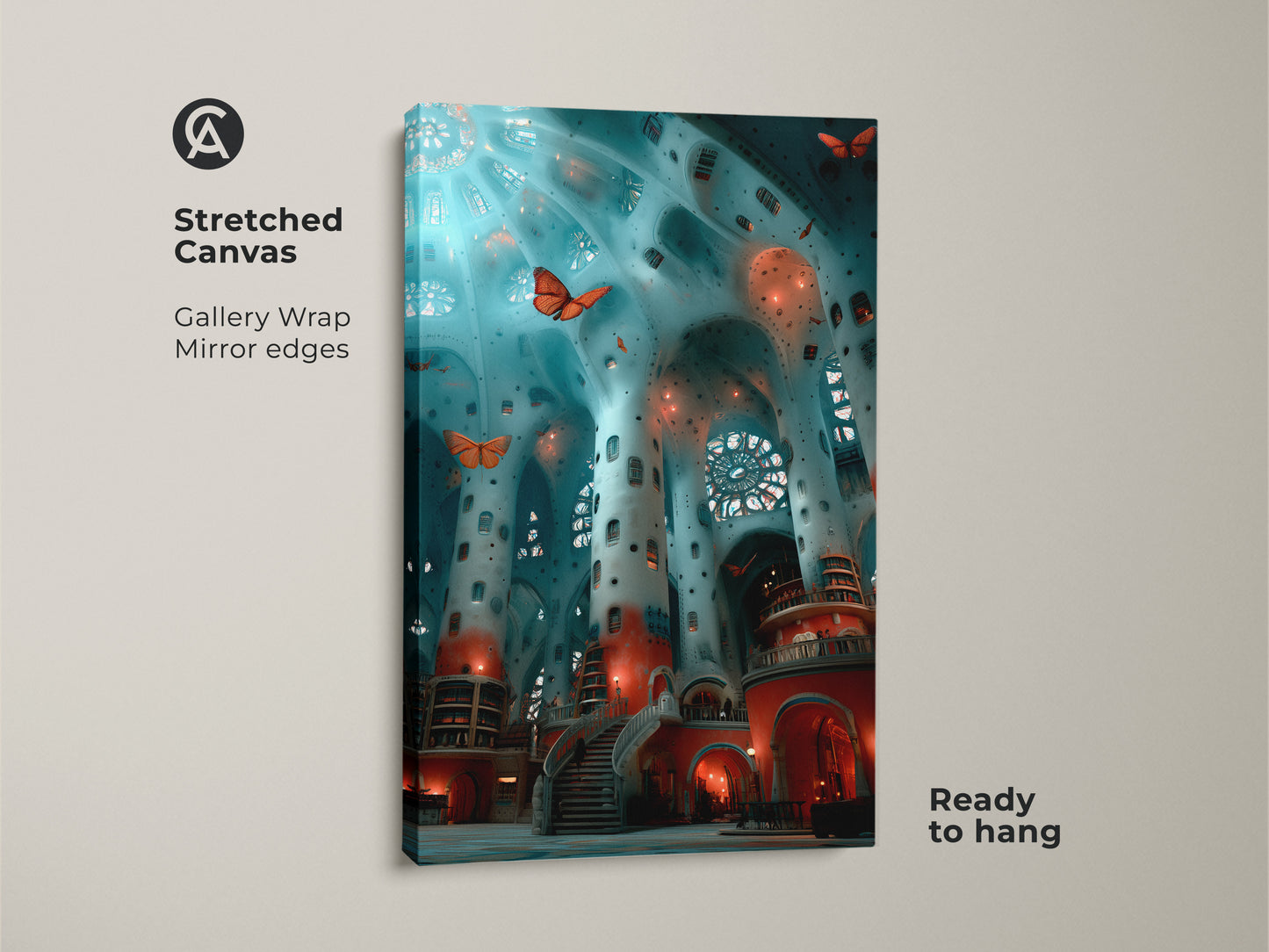 Transform your space with this surreal architecture canvas art print. This fantasy interior wall art arrives rolled in a tube ready to frame. The butterfly artwork adds teal blue and red to eclectic study room wall decor. An ideal housewarming gift this print brings dreamlike beauty to any room.