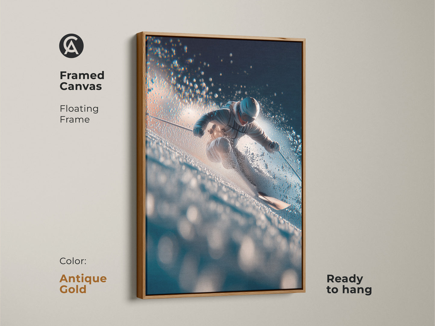 Framed canvas art print featuring a skier in action. Antique gold floating frame adds elegance. Ready to hang and enjoy. Elevate your home decor with this beautiful winter sports scene.