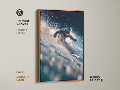 Framed canvas art print featuring a skier in action. Antique gold floating frame adds elegance. Ready to hang and enjoy. Elevate your home decor with this beautiful winter sports scene.