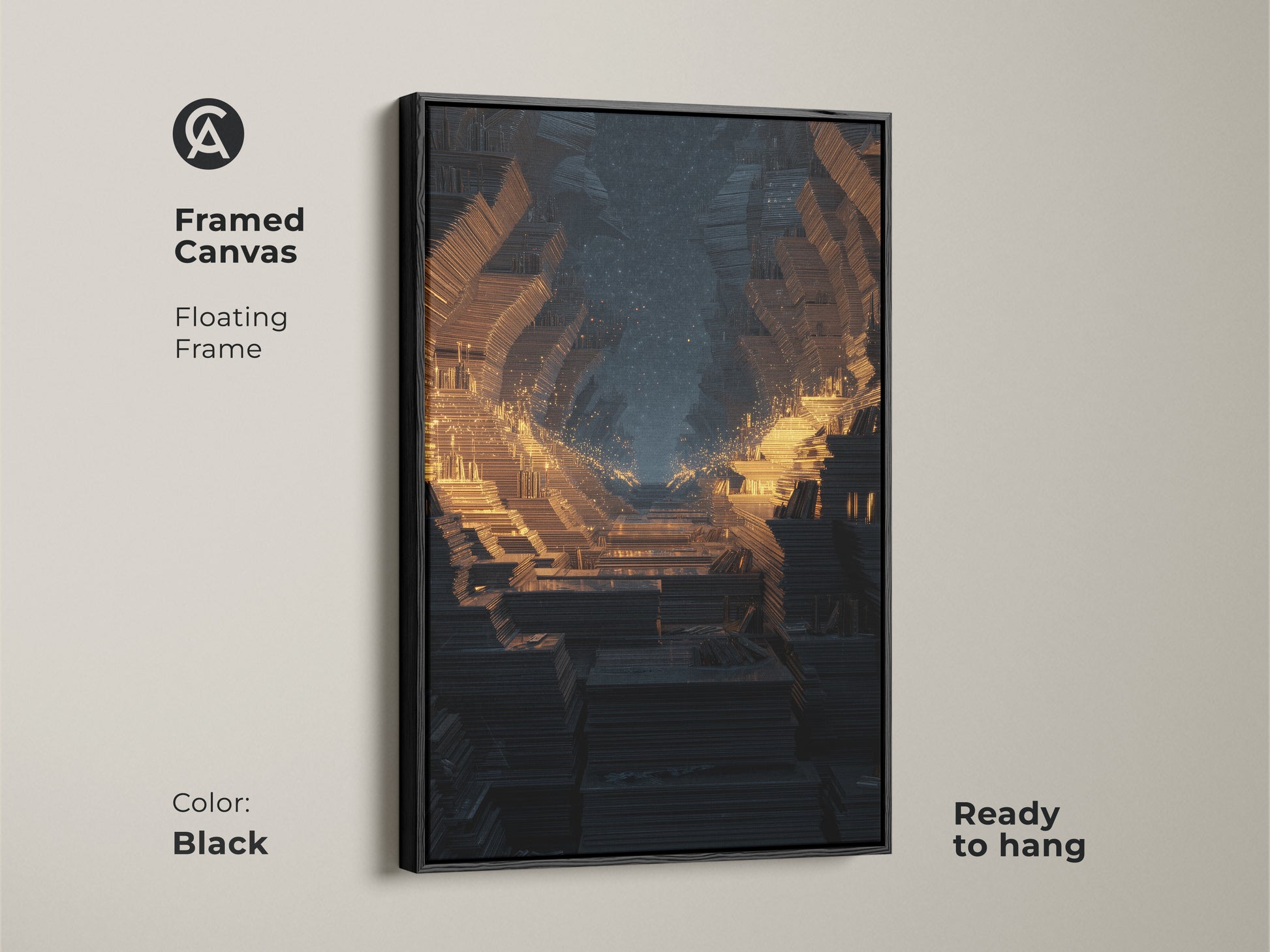 Framed canvas with a floating frame in black showcasing abstract fractal tunnel art. This sci-fi digital wall art in a futuristic geometric canvas is ready to hang. Ideal office workspace decor.