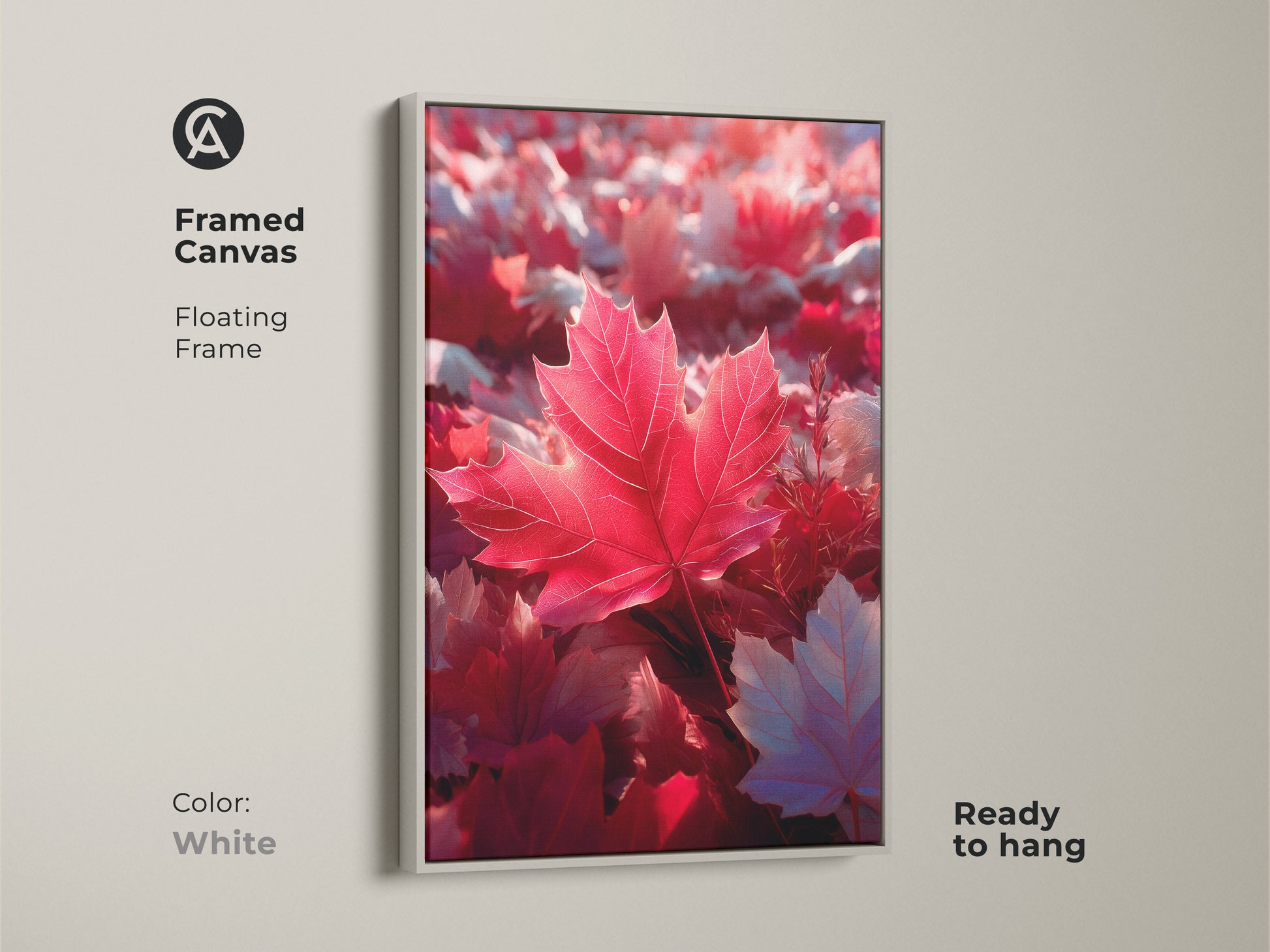 White framed canvas art featuring a red maple leaf. The artwork has a floating frame and is ready to hang. It's a clean and modern piece of wall art for any home decor. This framed print captures the beauty of autumn.