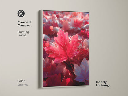 White framed canvas art featuring a red maple leaf. The artwork has a floating frame and is ready to hang. It's a clean and modern piece of wall art for any home decor. This framed print captures the beauty of autumn.