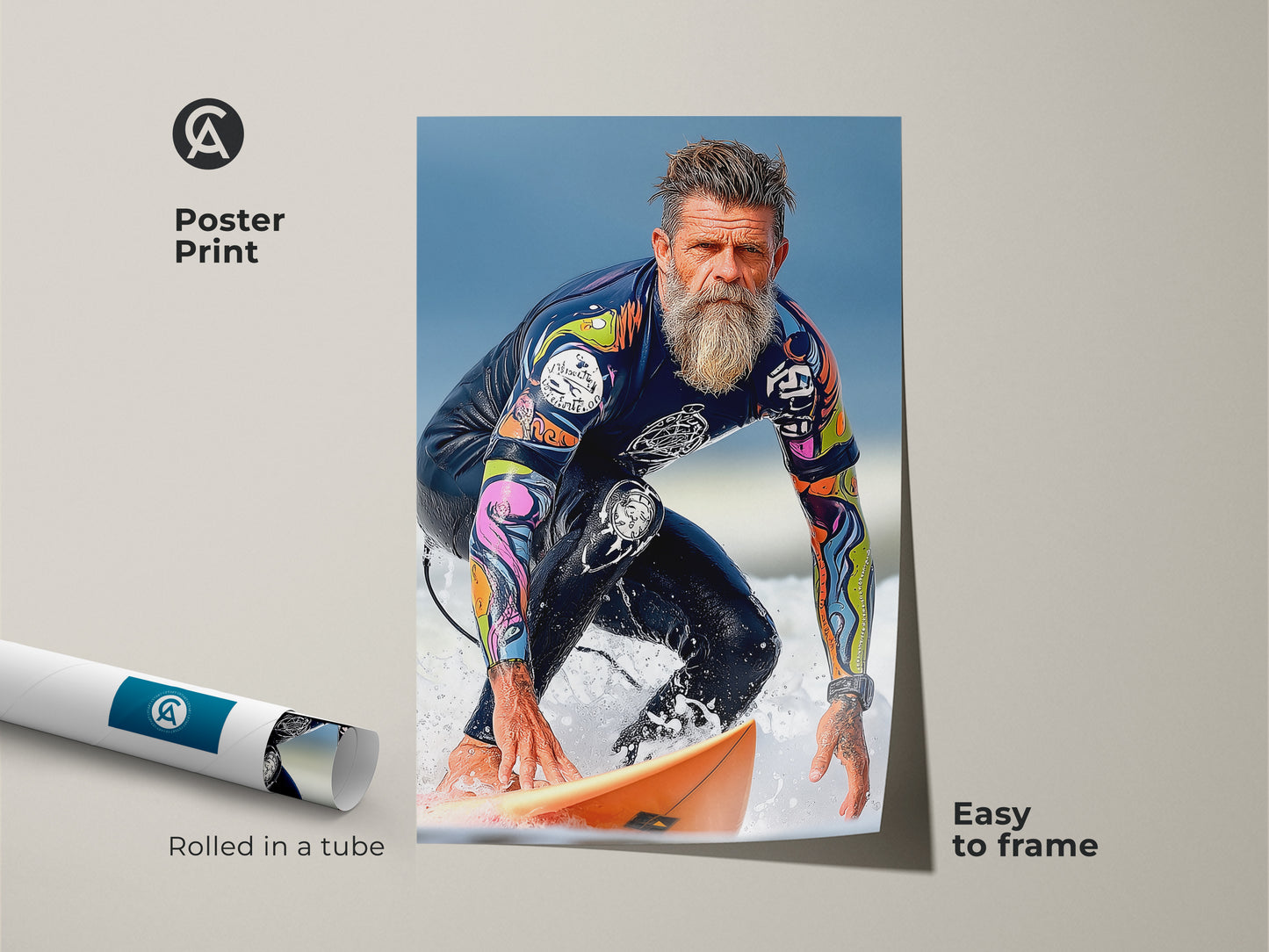 A surfer art print rolled in a tube is ready to frame. The poster shows a surfer riding a wave. Vintage surfer wall artwork adds ocean action to your home decor. Its modern realism style is perfect for gifts.